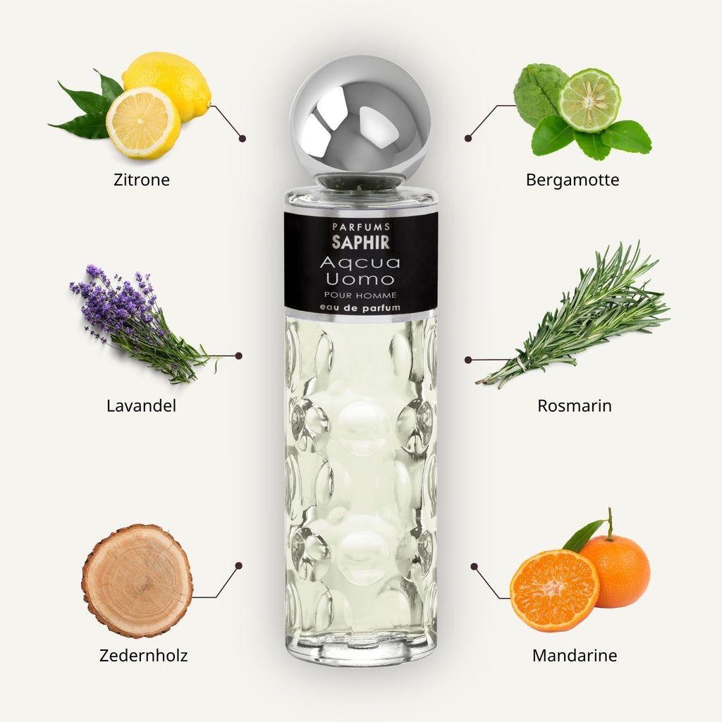 Saphir Parfums 200 ml Flakon. Der Duft Aqcua Uomo mit Inhaltsstoffen.