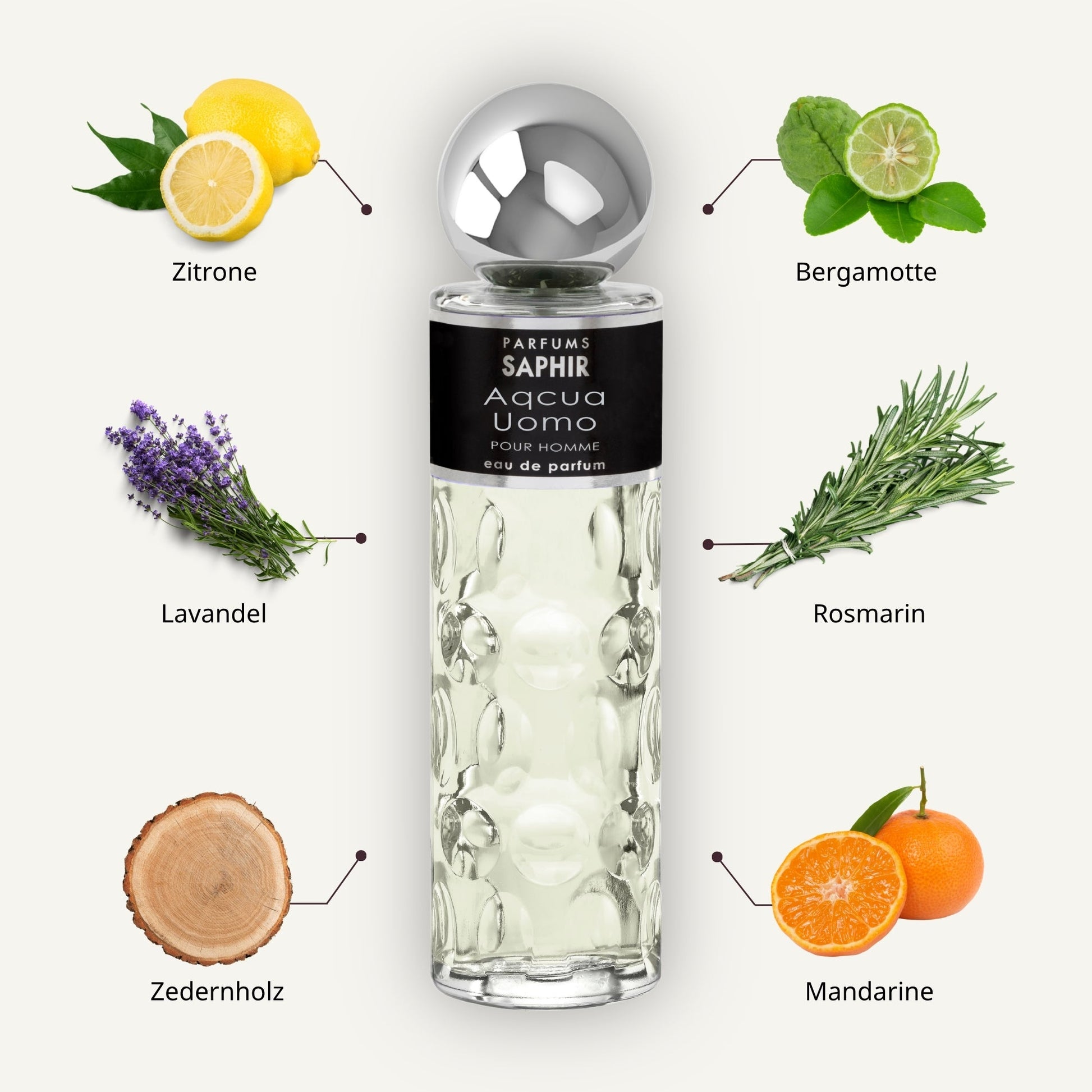 Saphir Parfums 200 ml Flakon. Der Duft Aqcua Uomo mit Inhaltsstoffen.