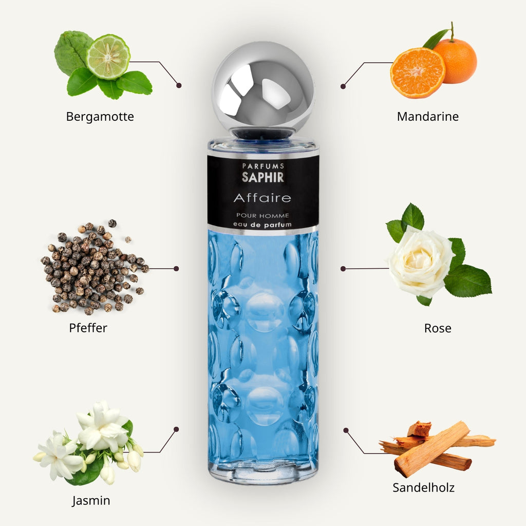 Saphir Parfums 200 ml Flakon. Der Duft Affaire mit Inhaltsstoffen.