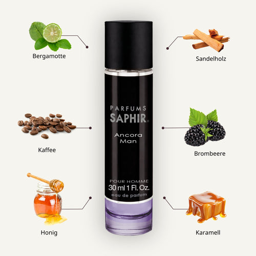Saphir Parfums 30 ml Flakon. Der Duft Ancora Man mit Inhaltsstoffen.