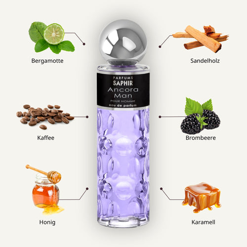 Saphir Parfums 200 ml Flakon. Der Duft Ancora Man mit Inhaltsstoffen.