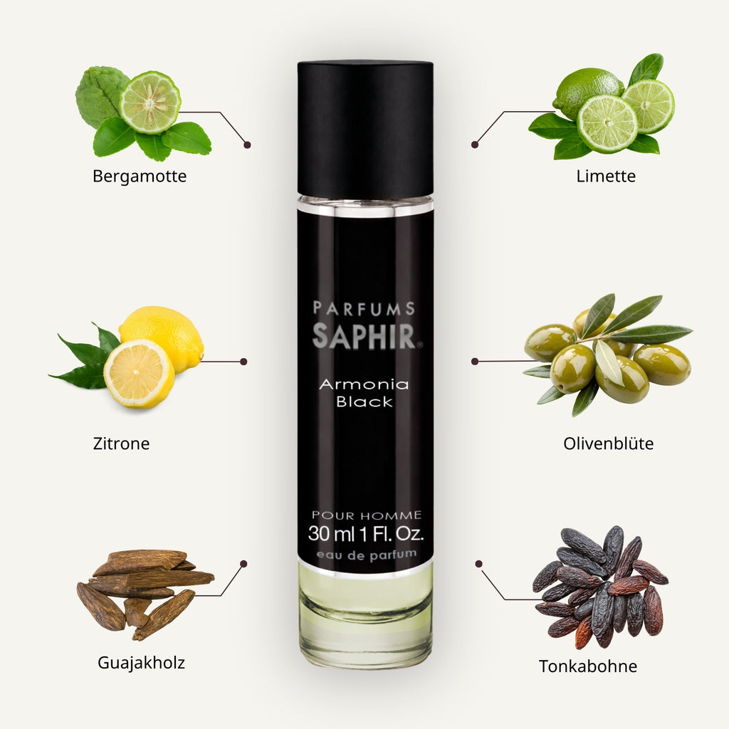 Saphir Parfums 30 ml Flakon. Der Duft Armonia Black mit Inhaltsstoffen.