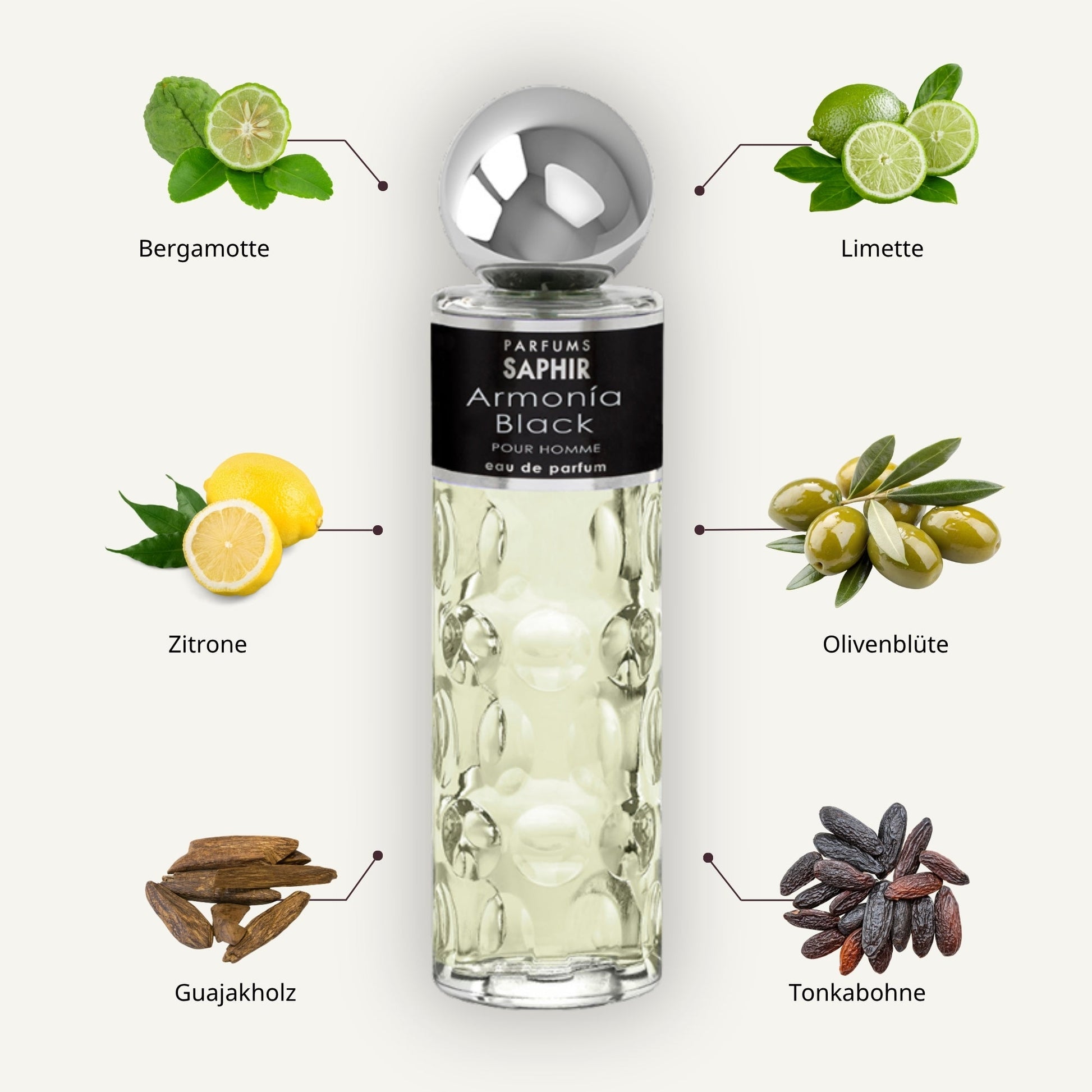 Saphir Parfums 200 ml Flakon. Der Duft Armonia Black mit Inhaltsstoffen.