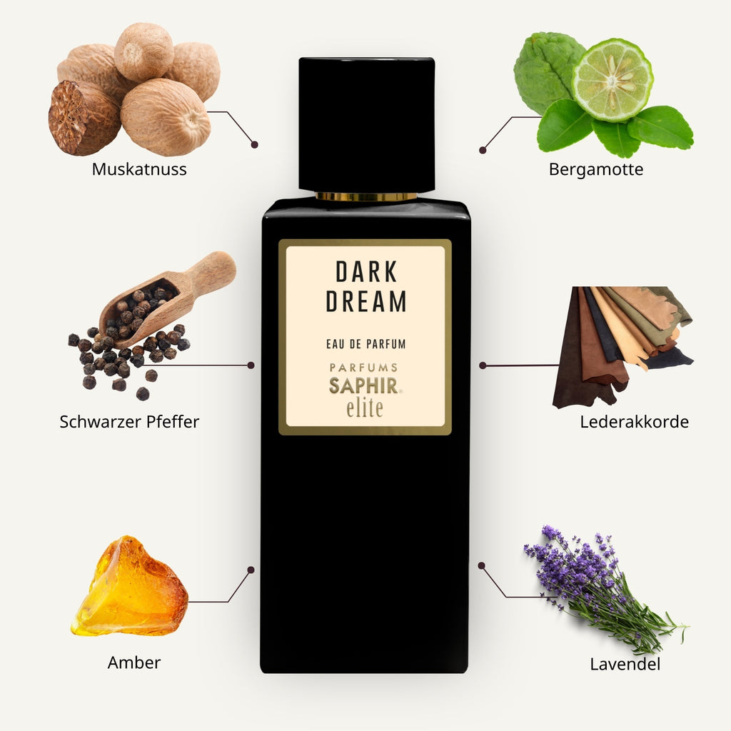 Saphir Parfums Elite Flakon. Der Duft Dark Dream mit Inhaltsstoffen.