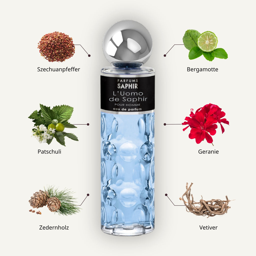 Saphir Parfums 200 ml Flakon. Der Duft L'Uomo de Saphir mit Inhaltsstoffen.