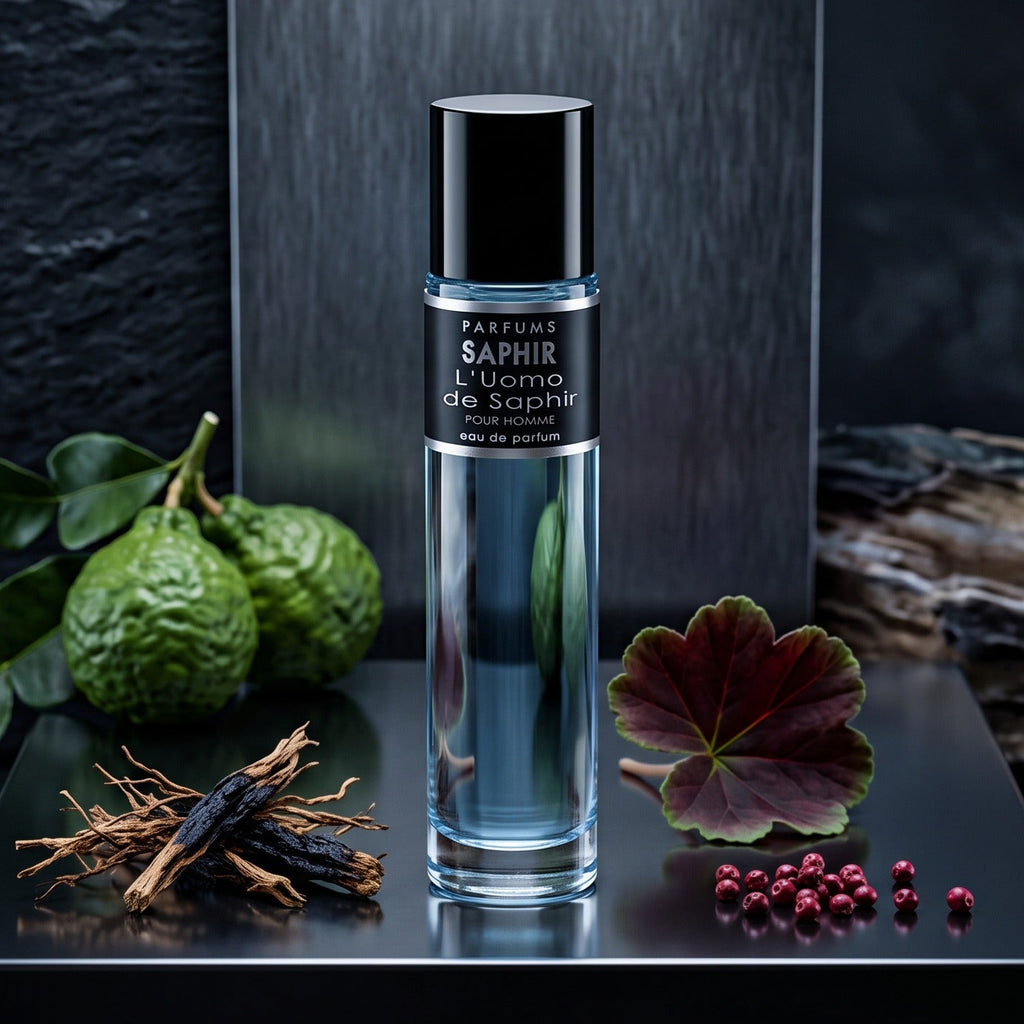Saphir Parfums 30 ml Flakon. Der Duft L'Uomo de Saphir mit Inhaltsstoffen.