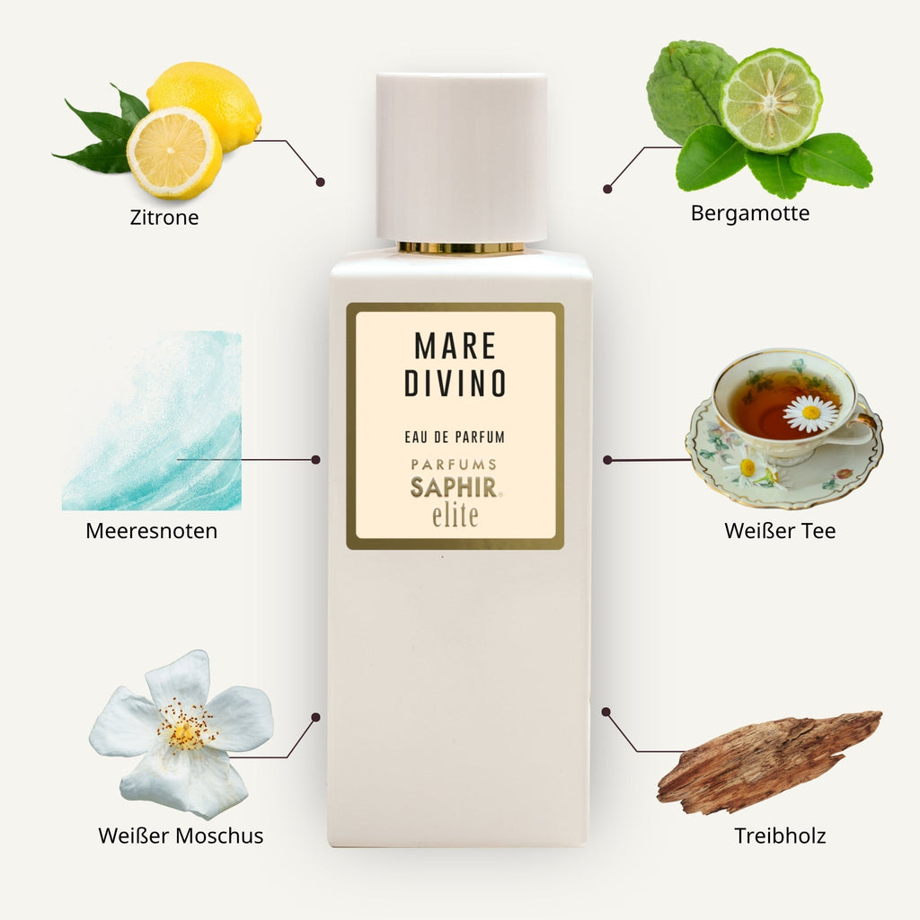 Saphir Parfums Elite Flakon. Der Duft Mare Divino mit Inhaltsstoffen.