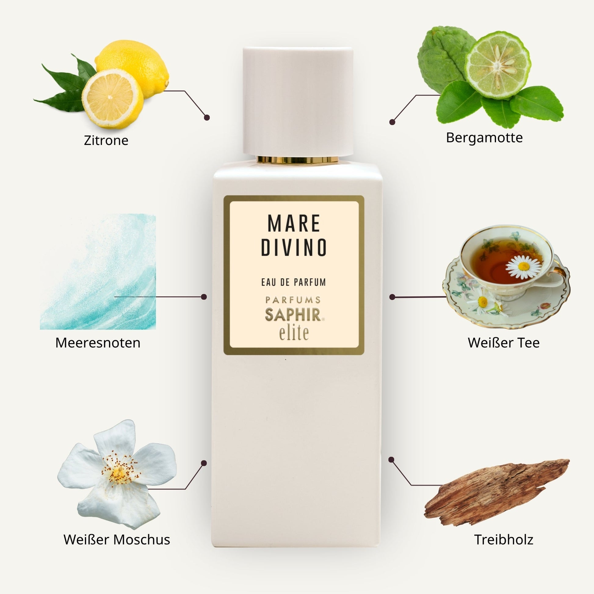Saphir Parfums Elite Flakon. Der Duft Mare Divino mit Inhaltsstoffen.