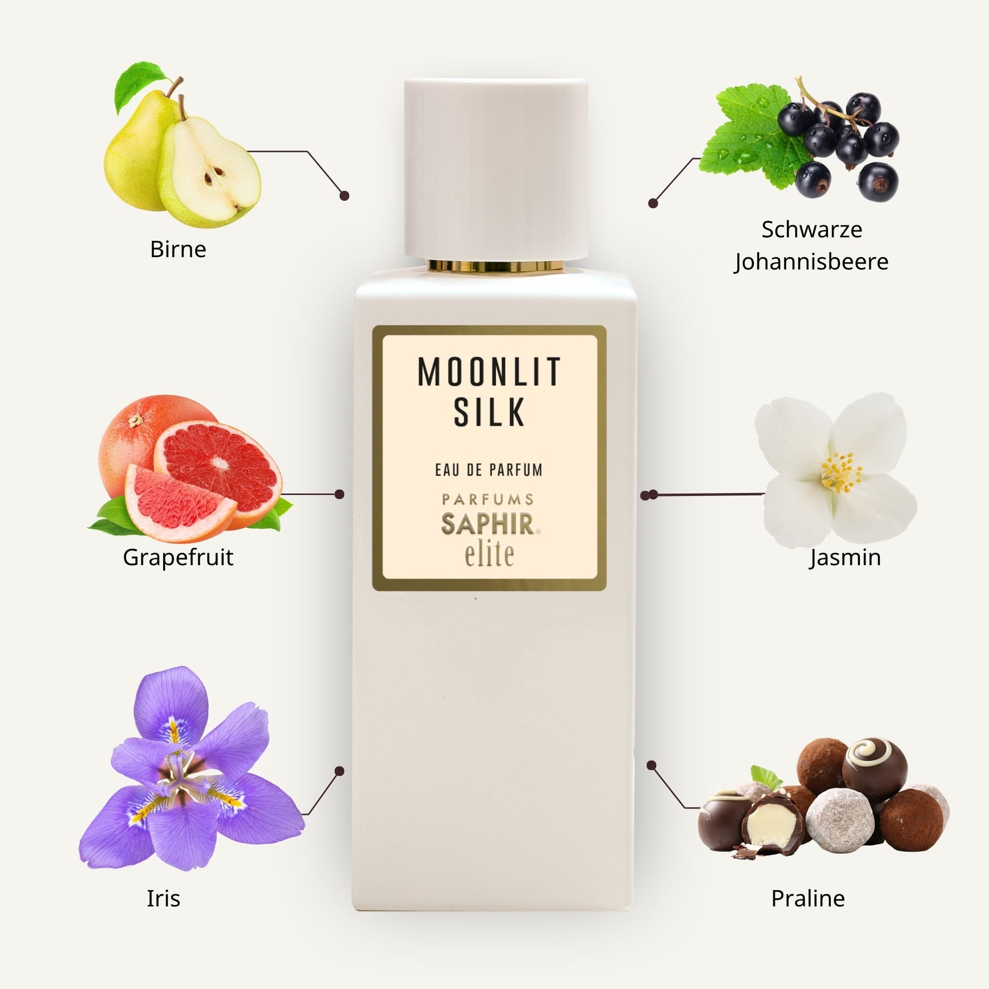 Saphir Parfums Elite Flakon. Der Duft Moonlit Silk mit Inhaltsstoffen.