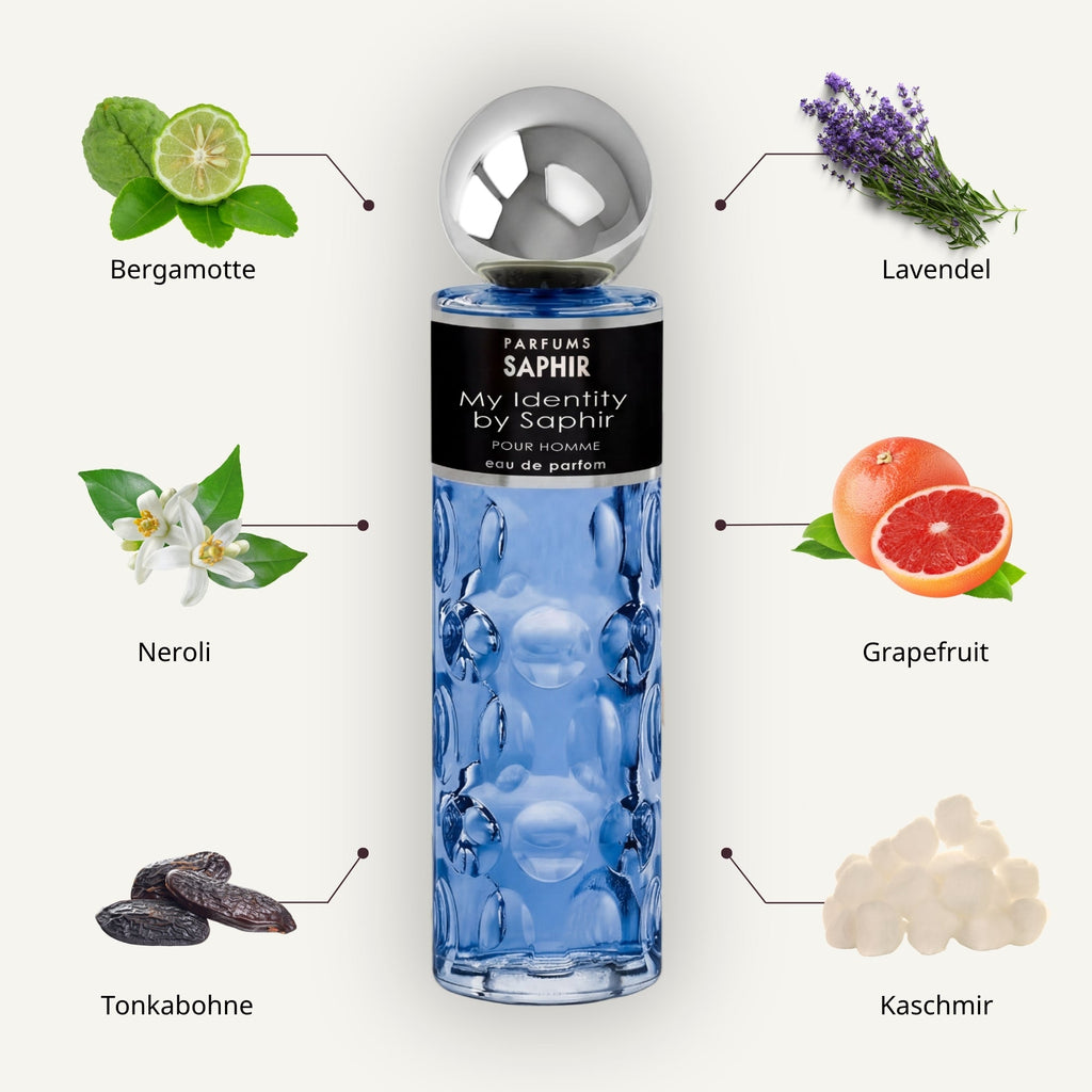 Saphir Parfums 200 ml Flakon. Der Duft My Identity by Saphir mit Inhaltsstoffen.