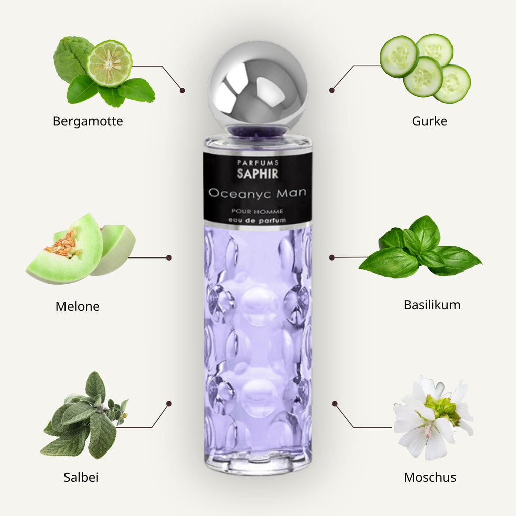 Saphir Parfums 200 ml Flakon. Der Duft Oceanyc Man mit Inhaltsstoffen.