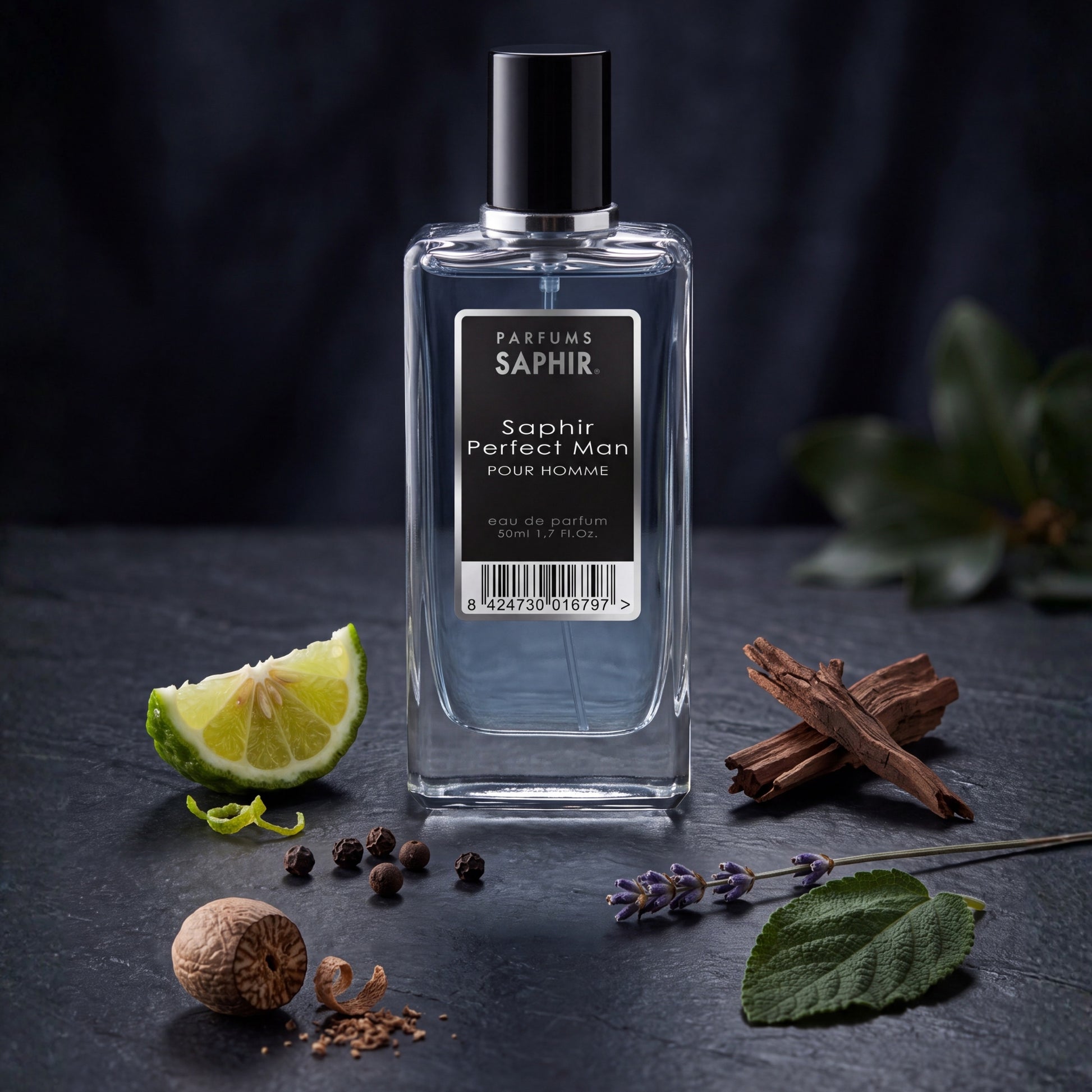 Saphir Parfums 50 ml Flakon. Der Duft Saphir Perfect Man mit Inhaltsstoffen.