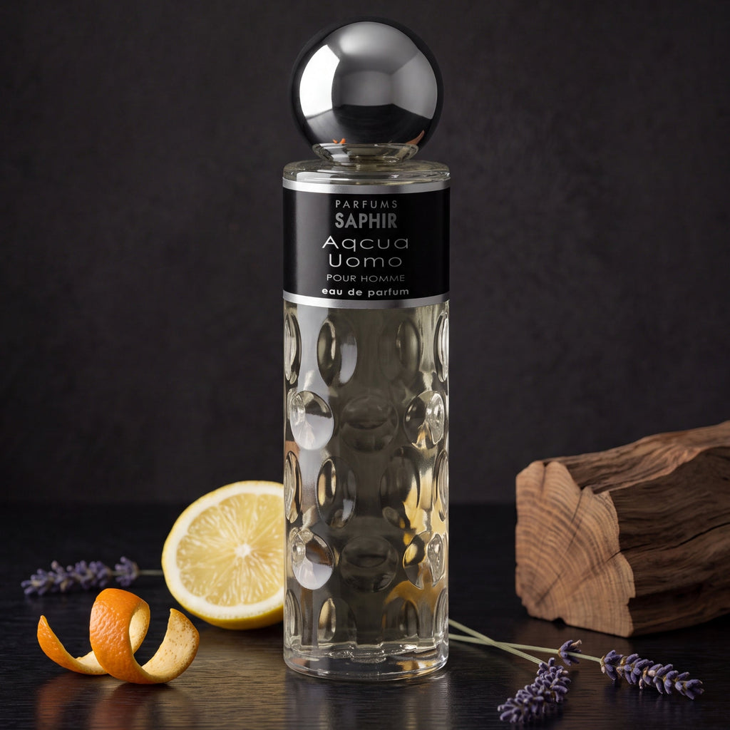 Saphir Parfums 200 ml Flakon. Der Duft Aqcua Uomo mit Inhaltsstoffen.
