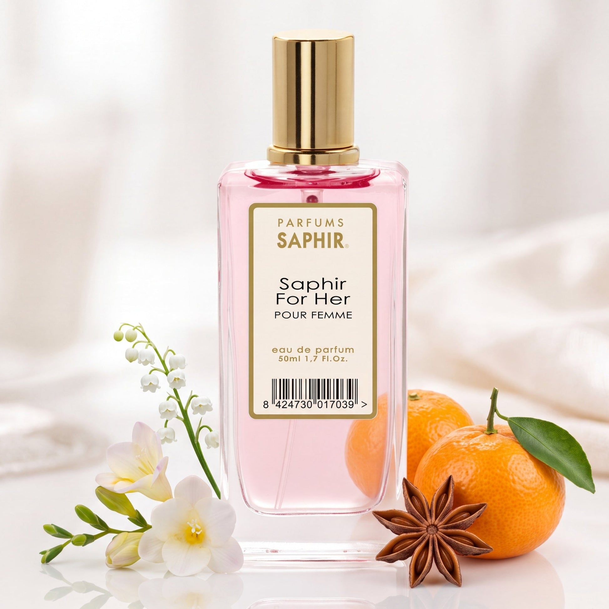 Saphir Parfums 50 ml Flakon. Der Duft Saphir For Her mit Inhaltsstoffen.