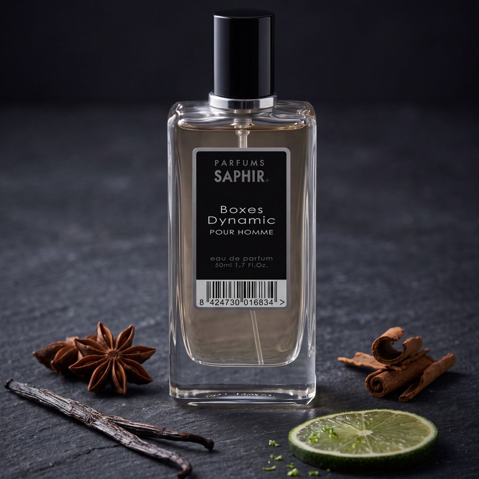 Saphir Parfums 50 ml Flakon. Der Duft Boxes Dynamic mit Inhaltsstoffen.