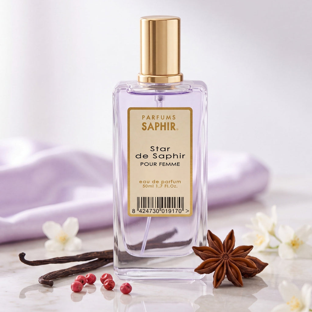 Saphir Parfums 50 ml Flakon. Der Duft Star de Saphir mit Inhaltsstoffen.
