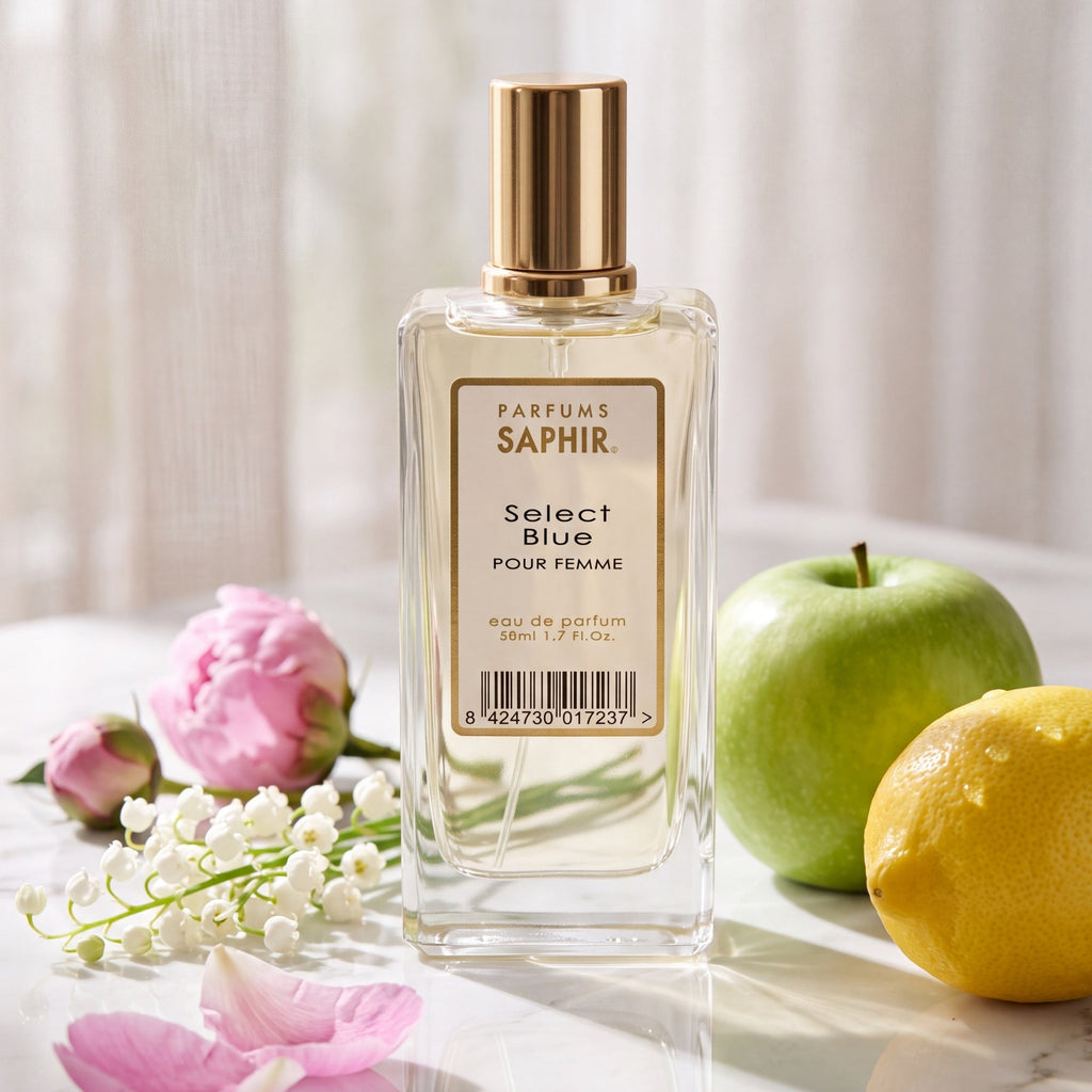 Saphir Parfums 50 ml Flakon. Der Duft Select Blue mit Inhaltsstoffen.