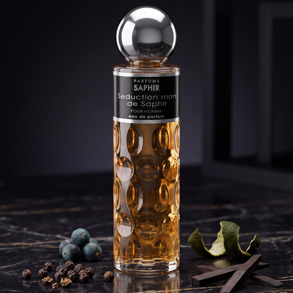 Saphir Parfums 200 ml Flakon. Der Duft Seduction man de Saphir mit Inhaltsstoffen.