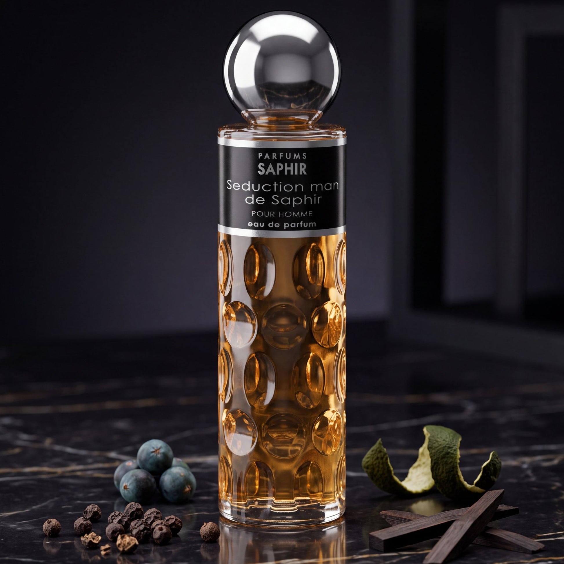 Saphir Parfums 200 ml Flakon. Der Duft Seduction man de Saphir mit Inhaltsstoffen.