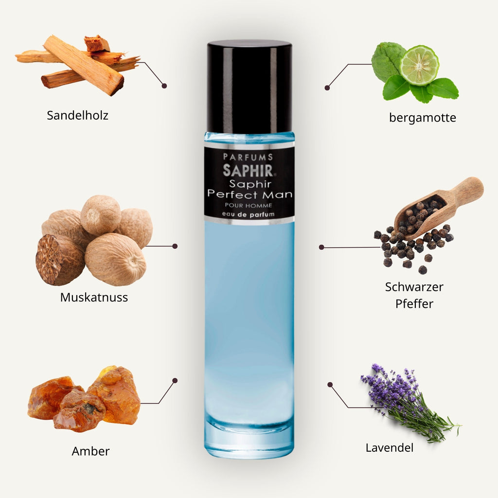 Saphir Parfums 30 ml Flakon. Der Duft Saphir Perfect Man mit Inhaltsstoffen.