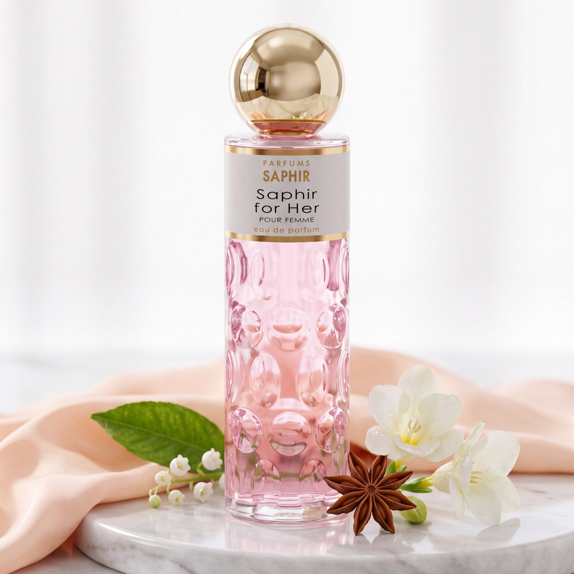 Saphir Parfums 200 ml Flakon. Der Duft Saphir For Her mit Inhaltsstoffen.