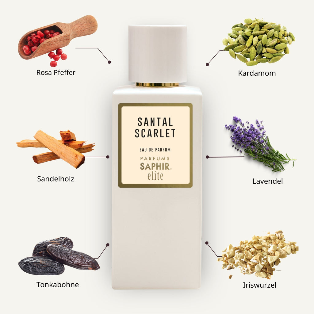 Saphir Parfums Elite Flakon. Der Duft Santal Scarlet mit Inhaltsstoffen.