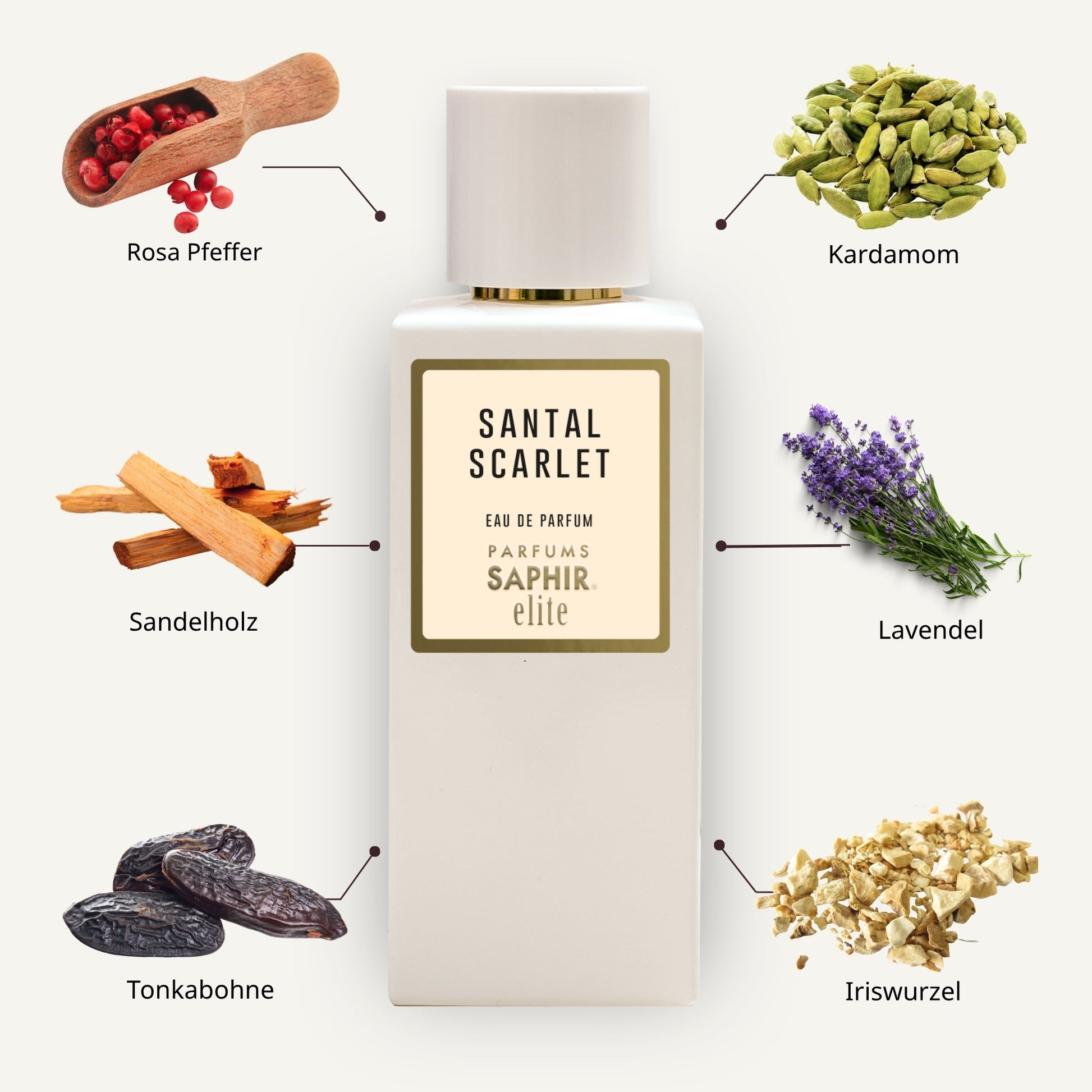 Saphir Parfums Elite Flakon. Der Duft Santal Scarlet mit Inhaltsstoffen.