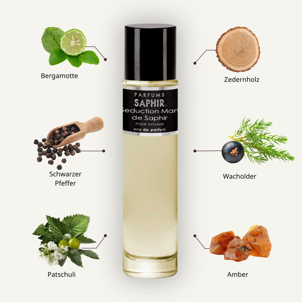 Saphir Parfums 30 ml Flakon. Der Duft Seduction Man de Saphir mit Inhaltsstoffen.