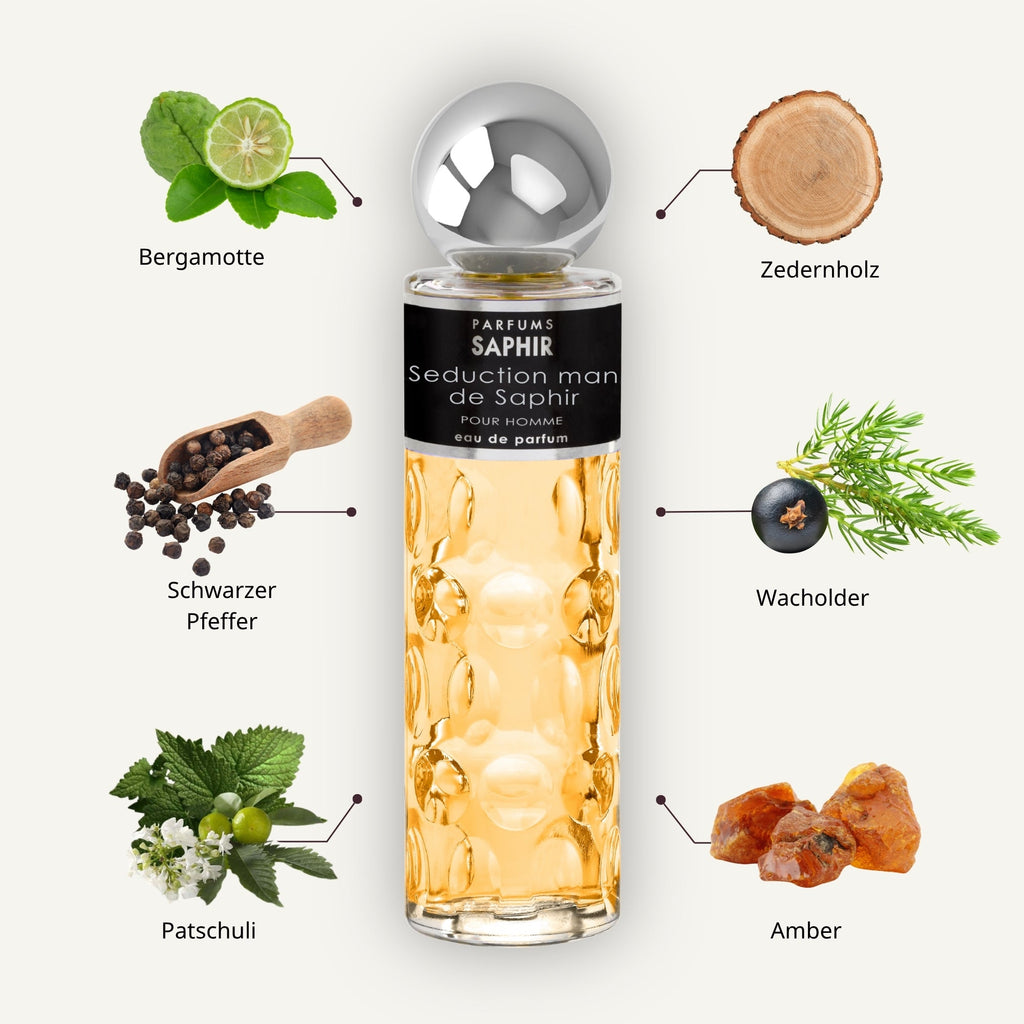 Saphir Parfums 200 ml Flakon. Der Duft Seduction man de Saphir mit Inhaltsstoffen.