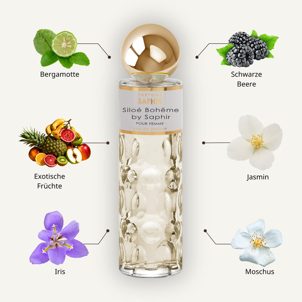 Saphir Parfums 200 ml Flakon. Der Duft Siloé de Bohéme mit Inhaltsstoffen.