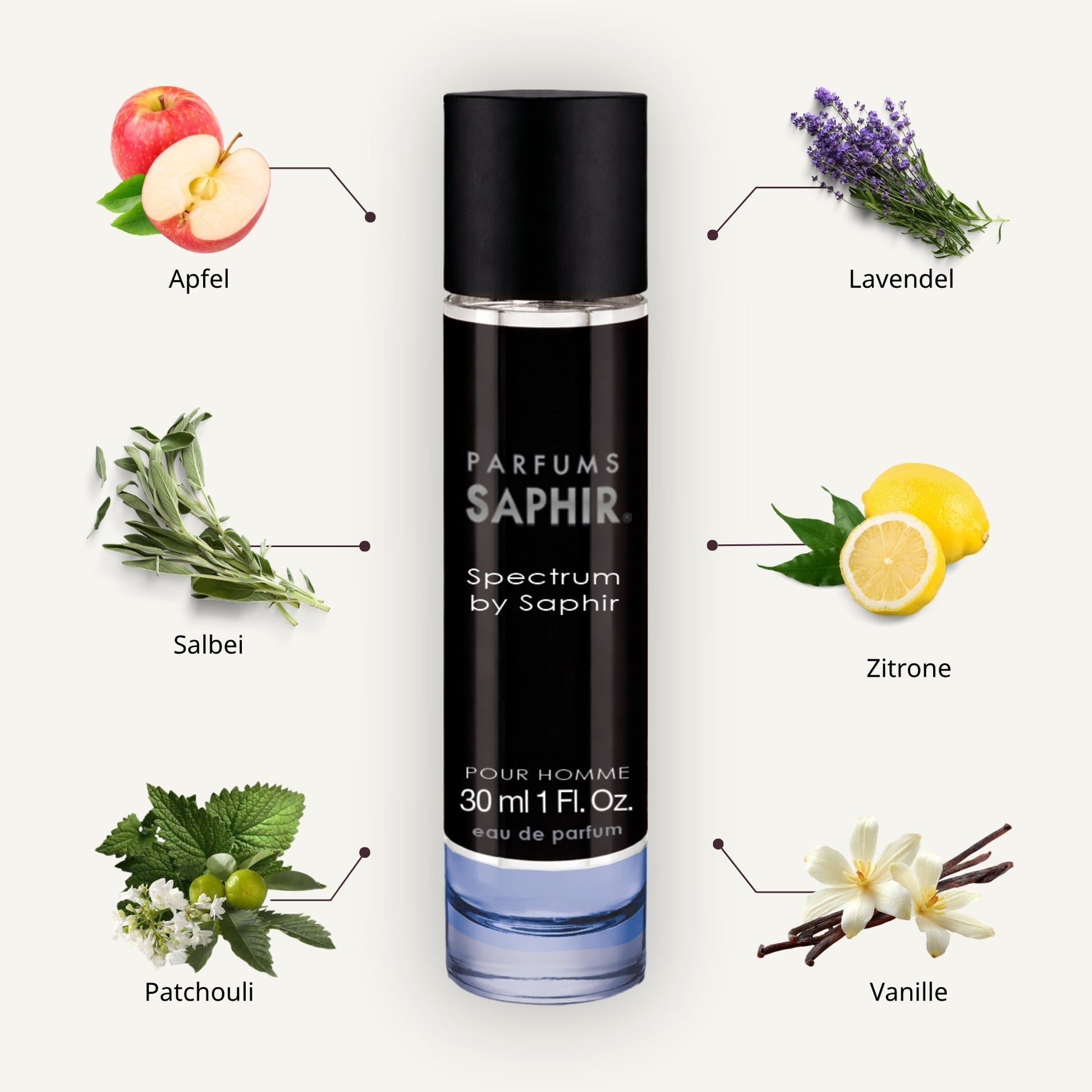 Saphir Parfums 30 ml Flakon. Der Duft Spectrum by Saphir mit Inhaltsstoffen.