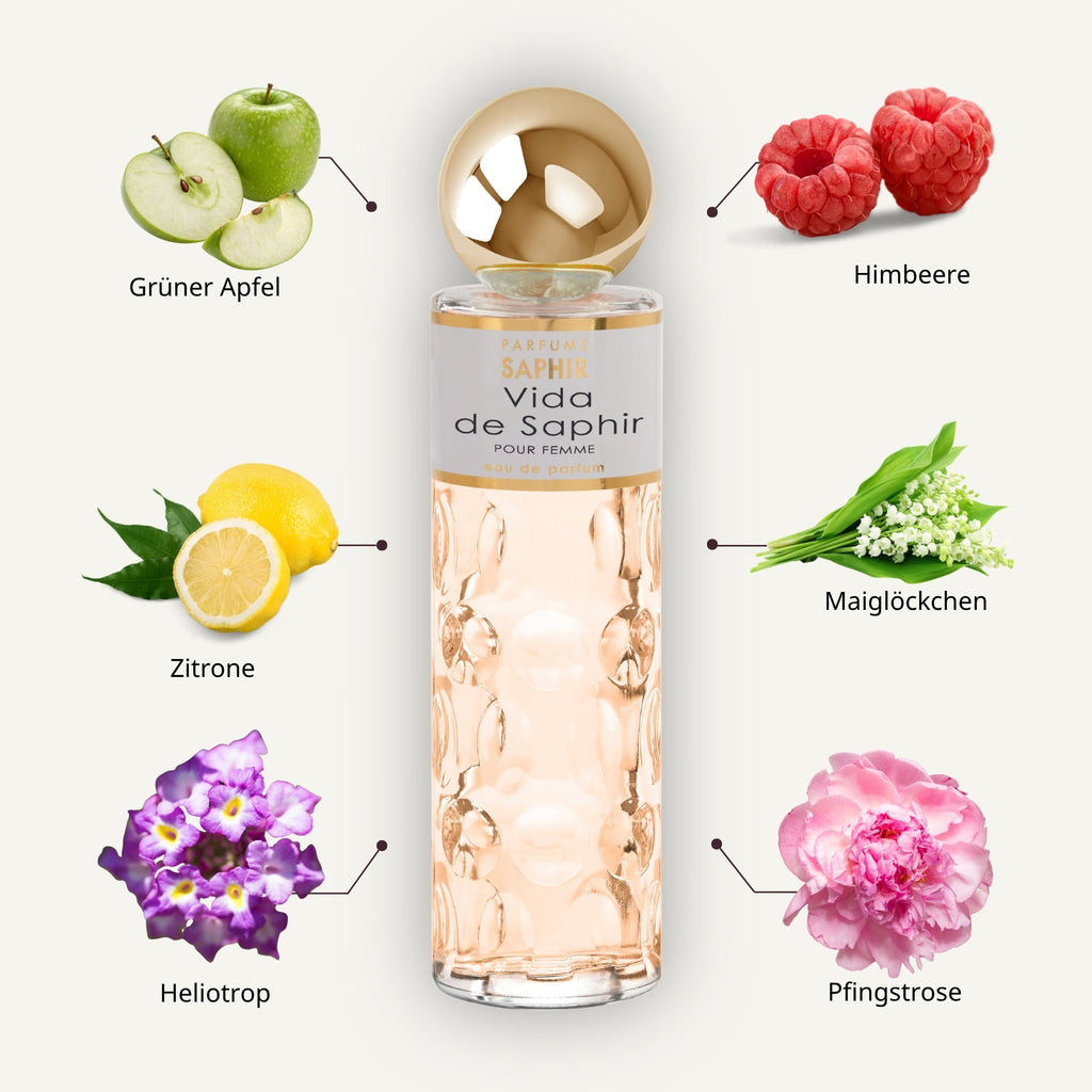Saphir Parfums 200 ml Flakon. Der Duft Vida de Saphir mit Inhaltsstoffen.