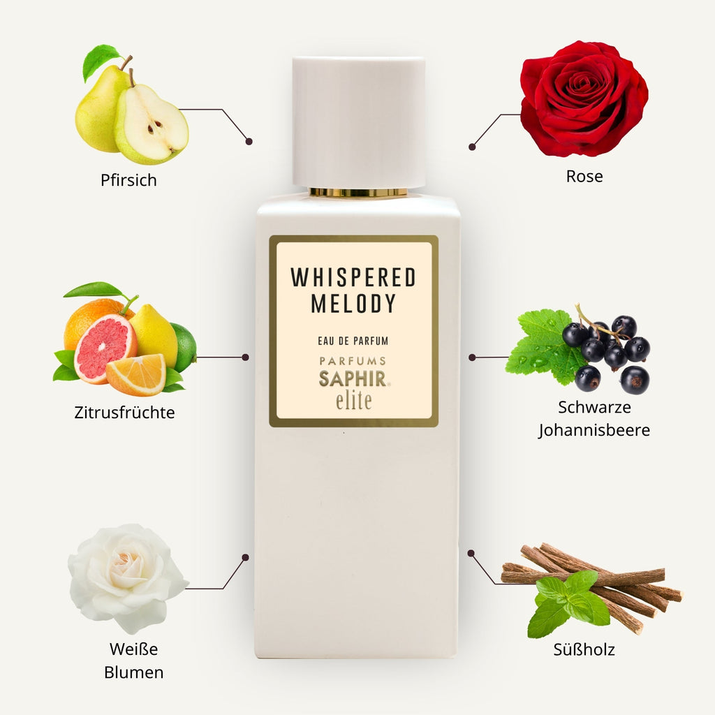 Saphir Parfums Elite Flakon. Der Duft Whisoered Melody mit Inhaltsstoffen.